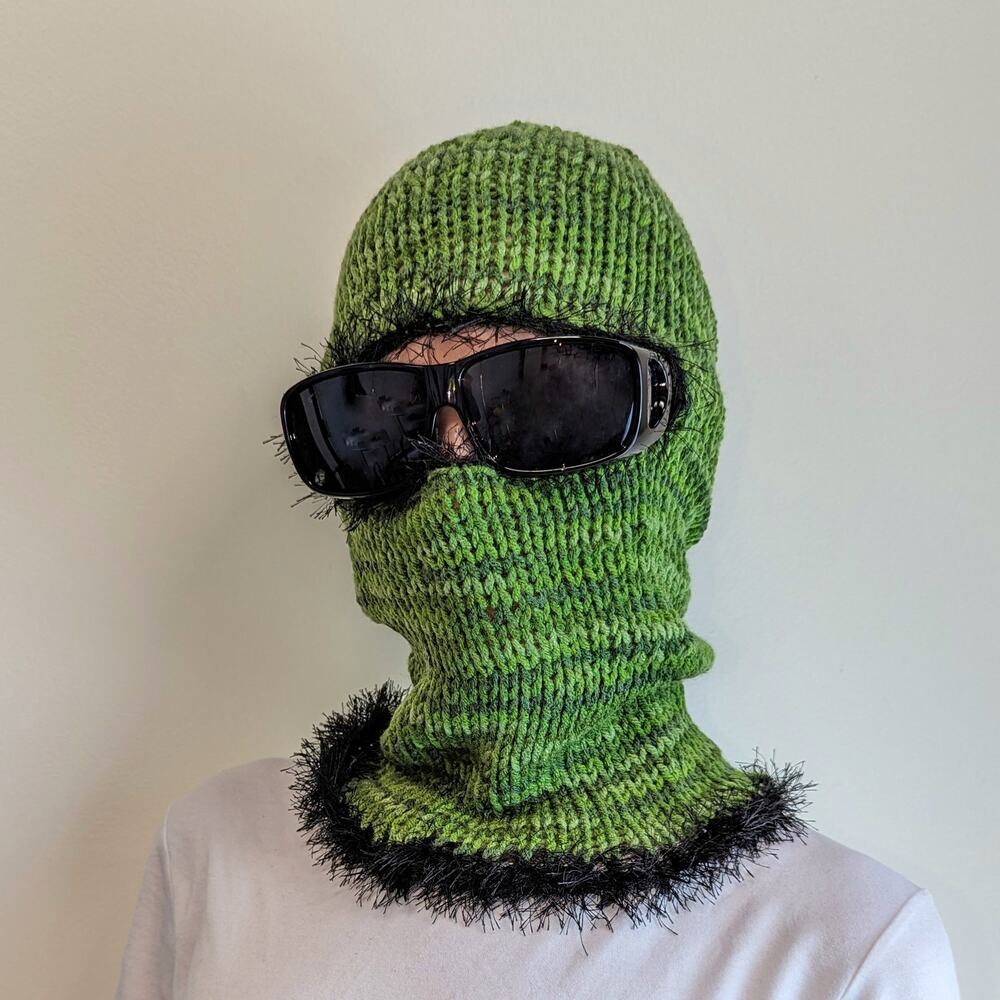Green Multitone Fairy Grunge Fuzzy Knitted Handmade Balaclava Winter Hat